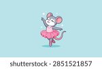 A charming vector illustration of a grey mouse character dressed as a ballerina in a pink tutu performing a dance on a light blue background.