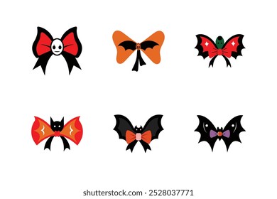 A charming vector illustration of a Halloween coquette bow, designed with festive colors like red, orange and black, and a playful, spooky flair.