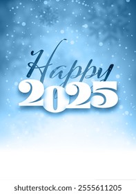 Charming vector illustration of Happy 2025 with a serene blue snowflake background and soft glowing effects.