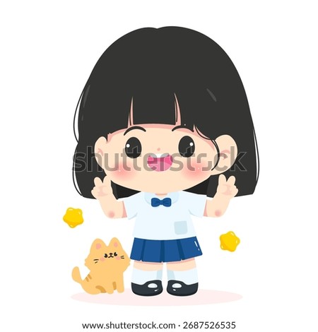 A charming vector illustration of a happy Asian girl in a Thai school uniform, smiling with her adorable pet cat. Perfect for educational and children's themes.