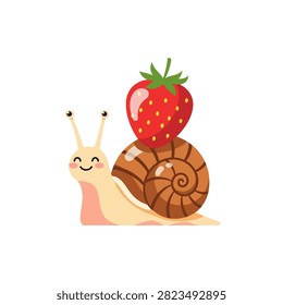 A charming vector illustration of a happy cartoon snail with a smiling face and rosy cheeks. The snail features a brown spiral shell and is carrying a large, bright red strawberry on its back. The design is clean and whimsical, set against a plain white background, making it ideal for children's content or food-related graphics.