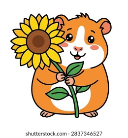 A charming vector illustration of a happy guinea pig holding a bright sunflower.