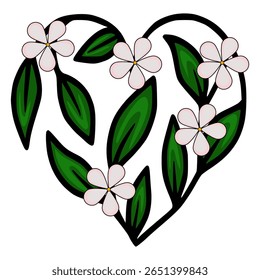 A charming vector illustration of a heart-shaped floral arrangement, featuring delicate pink flowers and vibrant green leaves, rendered in a stylized, hand-drawn manner.