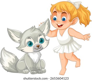 Charming vector illustration of a joyful child with a friendly fox. Bright colors and whimsical style create a playful atmosphere