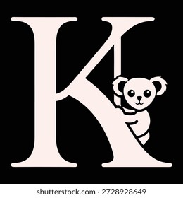 Ilustração vetorial encantadora de um coala agarrado à letra 'K', perfeito para projetos infantis e materiais de aprendizagem do alfabeto