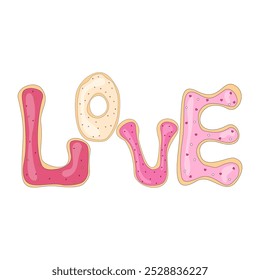 
Una encantadora Ilustración vectorial de letras en forma de galletas de jengibre deletreando "AMOR". Cada carta cuenta con glaseado colorido y chispas, perfecto para tarjetas de San Valentín, decoraciones y estampados