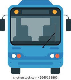 A charming vector illustration of a modern blue city bus from the front, featuring simple shapes, bright headlights, and a friendly design.