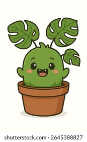 A charming vector illustration of a Monstera houseplant transformed into an adorable cartoon character. The artwork is clean, minimalist, and perfect for children's products, stickers, activity books.