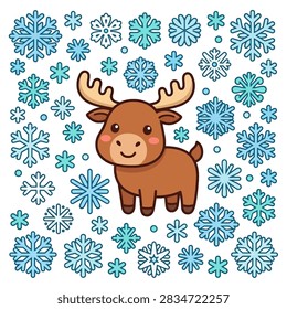 A charming vector illustration of a moose character surrounded by decorative winter snowflakes.