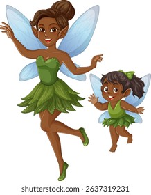 Charming vector illustration of a mother and daughter fairy duo with vibrant wings and green dresses, exuding joy and playfulness