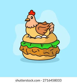 Um vetor encantador ilustração de uma mãe galinha cuidadosamente brooding seus ovos enquanto sentado em cima de um hambúrguer de galinha.
