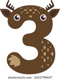 A charming vector illustration of the number three, creatively designed to resemble an adorable deer with antlers, ears, and a spotted coat.