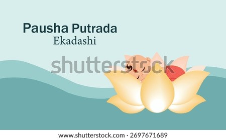 Charming vector illustration for Pausha Putrada Ekadashi A cute sleeping baby rests inside a glowing lotus flower on gentle waves Symbolizing the boon of children and fertility