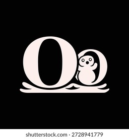 Encantadora Ilustración vectorial de un pingüino enclavado dentro de la letra 'O', perfecta para Diseños de marca y con temática de alfabeto