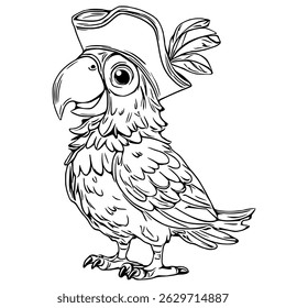 A charming vector illustration of a pirate parrot, meticulously detailed with a tri-cornered hat and a feathered plume, showcasing a cheerful expression and intricate plumage.