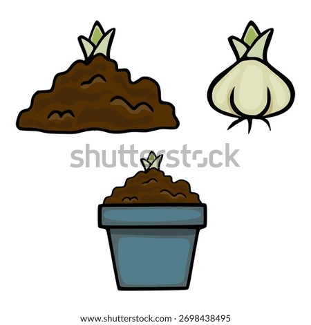 A charming vector illustration of a plant bulb with roots and sprouting green shoots, a mound of rich soil, and a potted plant in a blue pot, perfect for gardening or nature themes.