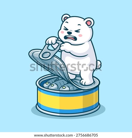 A charming vector illustration of a polar bear mascot struggling to open an oversized canned fish, capturing a playful and relatable moment with expressive character design.