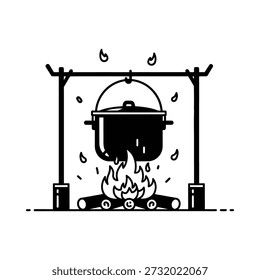 A charming vector illustration of a pot cooking over an open fire, evoking a rustic and cozy atmosphere. Perfect for themes of camping, outdoor cooking, and traditional meals.