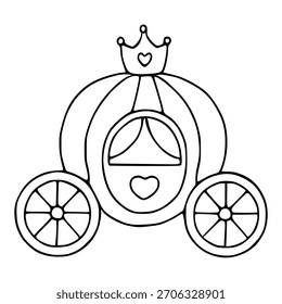 A charming vector illustration of a princess carriage with a crown and heart detail, rendered in a simple, clean line art style.