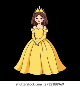 Charmante Vektorgrafik einer Prinzessin, die ein schönes gelbes Kleid und eine goldene Krone trägt und anmutig auf schwarzem Hintergrund steht.