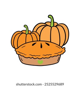 A charming vector illustration of a pumpkin pie alongside a whole pumpkin, showcasing the rich, warm tones of this classic autumn dessert.