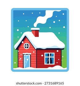 Charming vector illustration of a quaint red cottage covered in snow, with a warm fireplace and a peaceful winter scene.