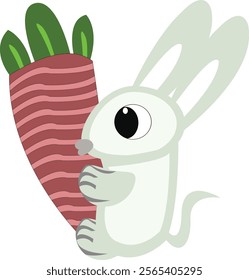 A charming vector illustration of a rabbit happily eating a carrot, showcasing its playful and adorable nature. This design is ideal for children’s books, educational materials, greeting cards, poster