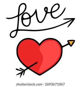 Charming vector illustration of a red heart pierced by Cupid's arrow, with the word "love" written in elegant script above, perfect for Valentine's Day themes.