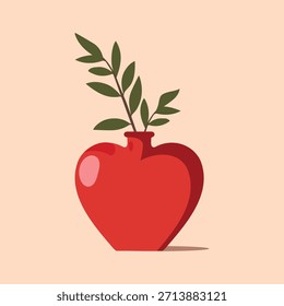 Encantadora Ilustración vectorial de un jarrón rojo en forma de corazón con una ramita verde en el interior. El diseño minimalista es perfecto para tarjetas de felicitación, conceptos de decoración del hogar, temas del día de San Valentín, ilustraciones botánicas