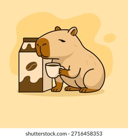 Una encantadora Ilustración vectorial de un capibara relajado saboreando una taza de café caliente mientras está de pie junto a una caja de café instantánea gigante.