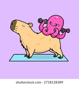 Una encantadora Ilustración vectorial de un capibara relajado sosteniendo una pose de yoga mientras un pulpo juguetón cabalga sobre su espalda, levantando pesas del gimnasio.