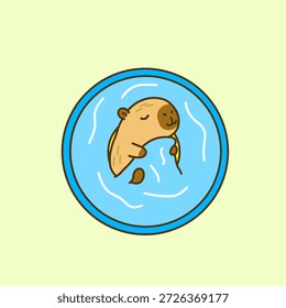 Una encantadora Ilustración vectorial de un capibara relajado que duerme tranquilamente en un anillo inflable amarillo brillante en una piscina azul claro. El capibara tira suavemente del agua como si la usara como una manta acogedora, creando un sentimiento de verano divertido y calmante.