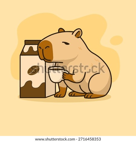 A charming vector illustration of a relaxed capybara savoring a warm cup of coffee while standing beside a giant instant coffee box.