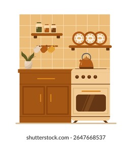 Charming vector illustration of a retro kitchen with vintage appliances and cozy details — perfect for branding, packaging, prints, and nostalgic design projects