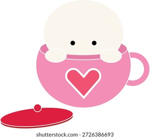 Eine charmante Vektorgrafik eines runden weißen Kawaii-Charakters mit einfachen schwarzen Augen, die aus einer rosafarbenen Teetasse herausschauen.