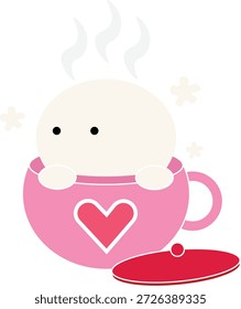 A charming vector illustration of a round white character with simple black eyes peeking out from a pink teacup. The mug is decorated with a large pink heart, and a red lid or beret sits on the ground