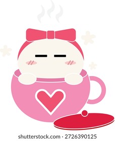 Una encantadora Ilustración vectorial de un personaje blanco redondo con los ojos cerrados y las mejillas sonrojadas con una diadema de lazo rosa que se asoma desde una taza de té rosa. 