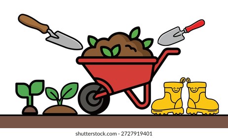 Un encantador conjunto de Ilustraciones vectoriales que representa herramientas esenciales de jardinería y agricultura. El diseño presenta una carretilla roja llena de tierra, una pala, un rastrillo de mano, botas de barro de goma y plantas que brotan. Este estilo de arte de línea plana es perfecto para empresas de jardinería, guías de siembra de primavera, blogs agrícolas y la marca de viveros.