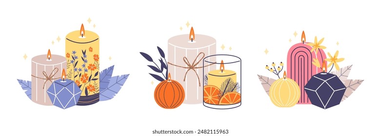 Charming vector illustration set featuring aromatic candles with botanical and geometric designs, creating a serene ambiance.