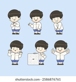 A charming vector illustration set featuring a cute Thai boy in traditional attire with various gestures and emotions. Perfect for cultural projects, stickers, and digital designs.