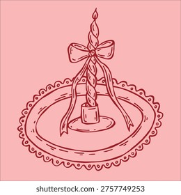 A charming vector illustration showcases candles on an ornate lace tray in doodle style. Ideal for romantic themes, this artwork adds a whimsical touch to invitations, greeting cards, and wedding decor.