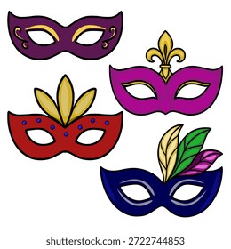 Una encantadora Ilustración vectorial que muestra cuatro máscaras distintas de Mardi Gras, con una máscara púrpura con filigrana dorada, una máscara magenta adornada con una flor de lis dorada, una máscara roja adornada con...