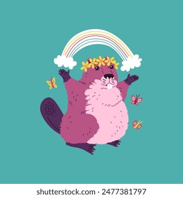 A charming vector illustration showing a beaver decorated with a wreath of flowers surrounded by butterflies, holding a rainbow above his head on a blue background.