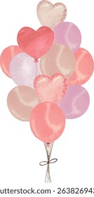 Charming vector illustration showing a bunch of heart-shaped and round balloons tied together. Perfect for themed parties, children’s events, Valentine’s Day, and joyful decorations.