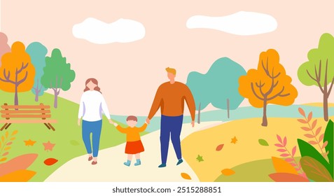 A charming vector illustration showing a family of three walking hand in hand through an autumn park.