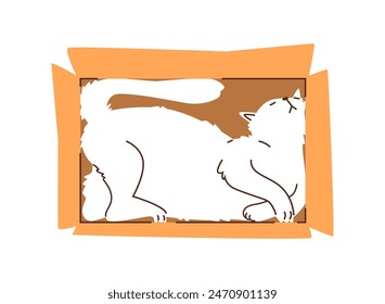 Eine charmante Vektorillustration, die eine flauschige weiße Katze zeigt, die friedlich in einem Karton schläft, was eine gemütliche Szene der Haustierentspannung schafft.