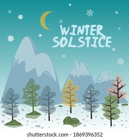 Charming vector illustration, simple but enchanting, snowy landscape with winter solstice writing, elements for invitations, templates, posters, greeting cards