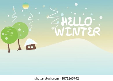 Encantadora ilustración vectorial, simple pero encantadora, paisaje nevado con escritura de invierno Hello, elementos para invitaciones, plantillas, afiches, tarjetas de saludo