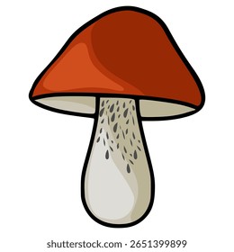 A charming vector illustration of a single red-capped scaber stalk mushroom with a speckled stem, featuring a unique hand-drawn style and earthy color palette, ideal for autumn-themed designs.