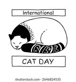 Charming vector illustration of a sleeping cat with ornamental tail and text for International Cat Day, inspired by Scandinavian folk art. Isolated on white background.